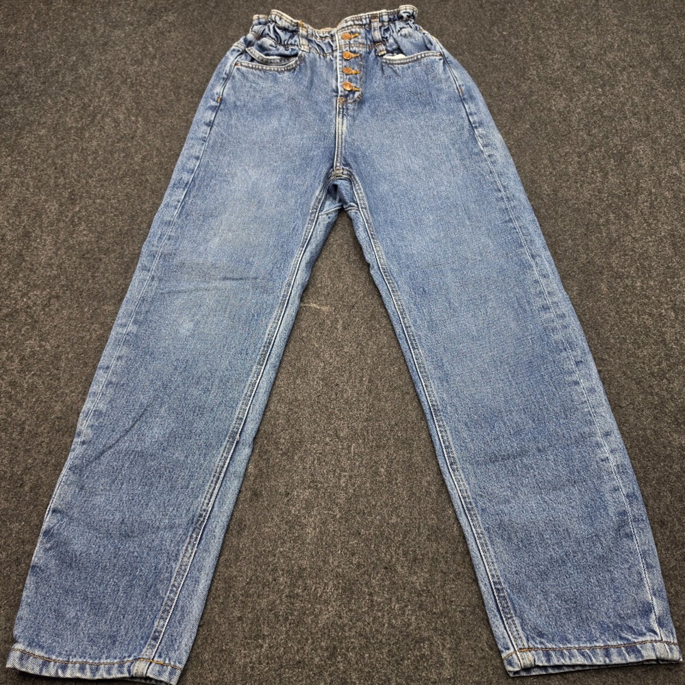 Zara Paperbag Jeans Women Size 2 Blue High Rise Elastic Waist Button Fly